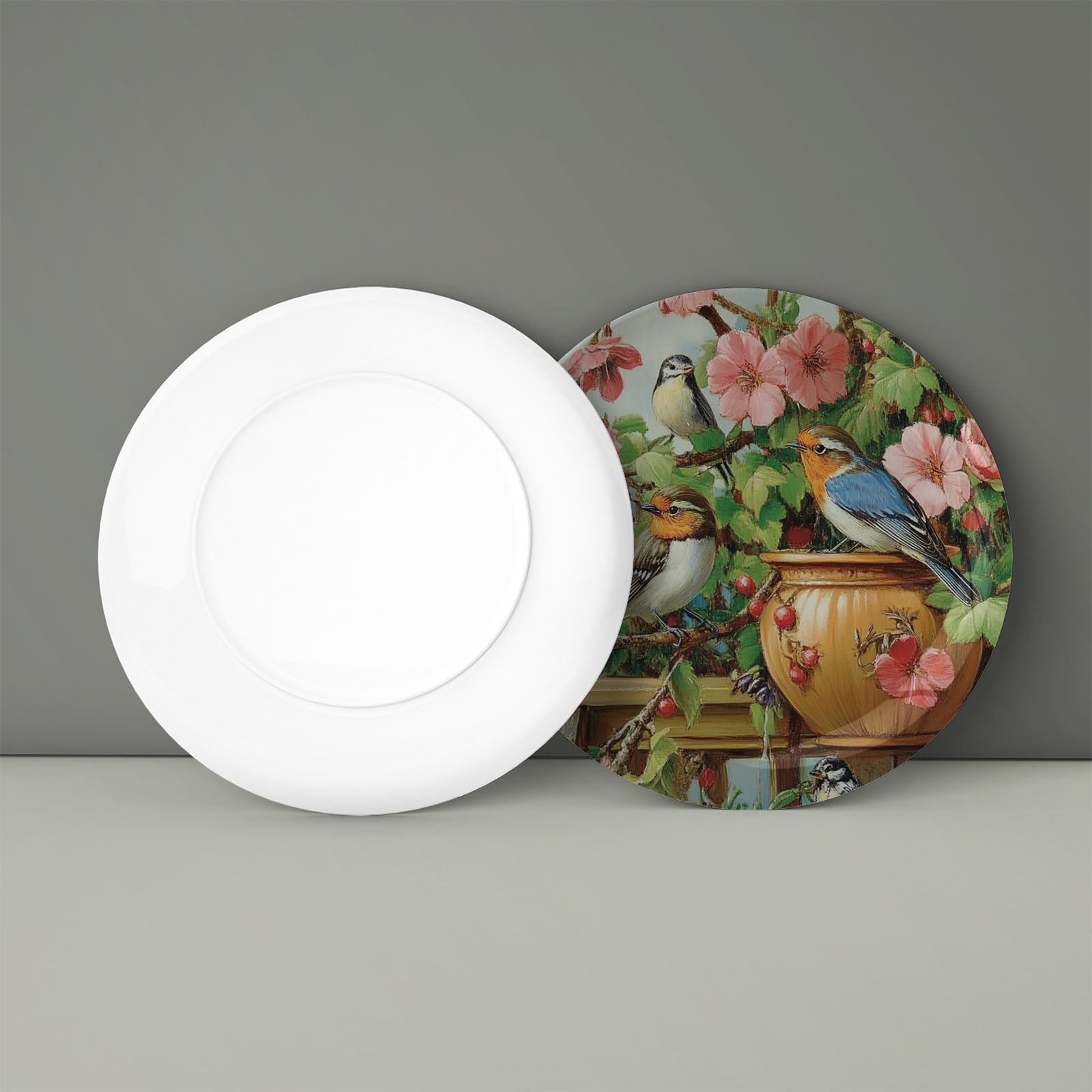 Oksinity Flowers and Birds Decorative Plate Ornament Display Plate Ceramic Plate Wall Hanging for Living Room, Bedroom, Hallway Console Side Table Decor - 7 Inches