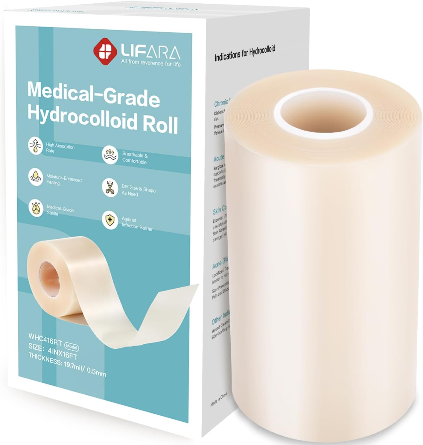 LIFARA Hydrocolloid Roll for Wound Care - Cut-to-Size, Extra Large Hydrocolloid Patch Bandages with Self-Adhesive, Waterproof, First Aid Kit Essential (4in*16ft, 19.7mils/ 0.5mm Thickness)