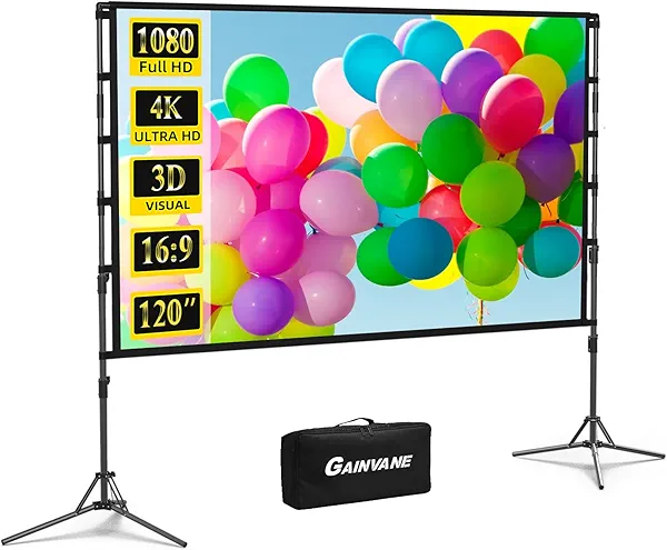 Projector Screen and Stand,GAINVANE 120 inch Portable Projector Screen Indoor Outdoor Projection Screen 16:9 4K HD Wrinkle-Free Light-Weight Movie Screen with Carry Bag for Backyard Movie Night