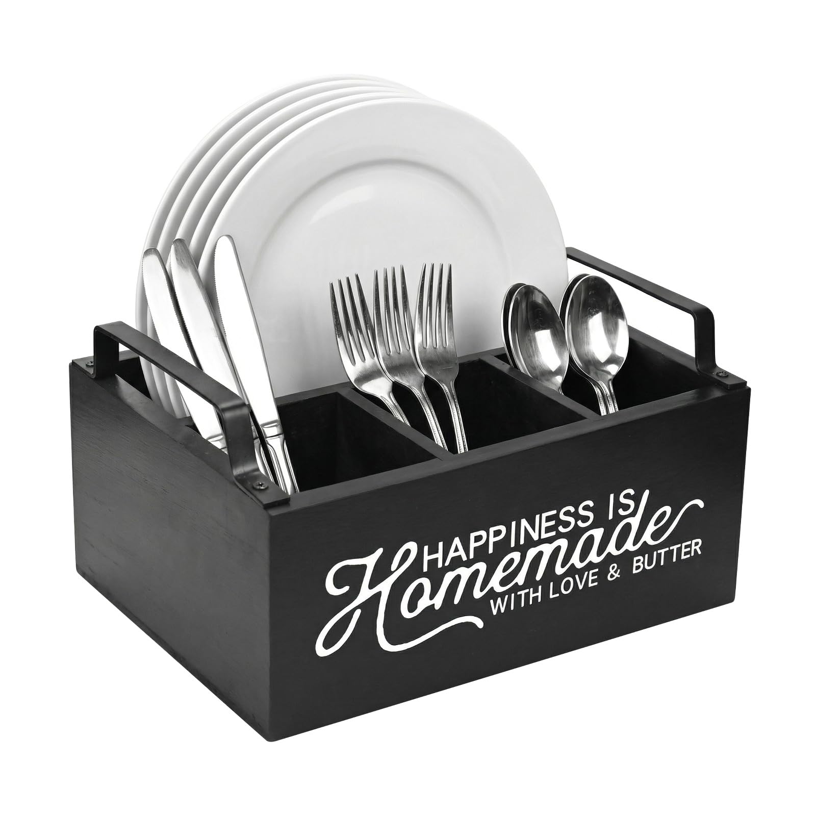 Wooden Kitchen Utensil Holder Cutlery Holder with 4 Compartment - Cutlery Organiser, Coffee Rack Storage Basket with Handle Bowls and Plates Cutlery Holder, for Countertop, Cabinet Cutlery Storage