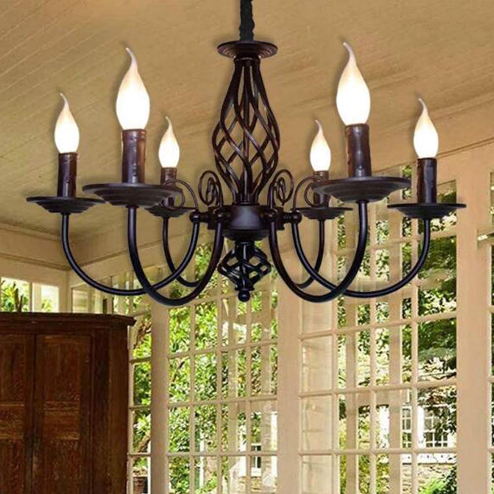Antik Schwarz Kronleuchter Kerze Pendelleuchte Industriestil Eisen Esszimmer Lichter Höhenverstellbar E14 Schmiedeeisen Retro Hängelampe Landhausstil Wohnzimmer Schlafzimmer Pendellampe, 6-Flammig