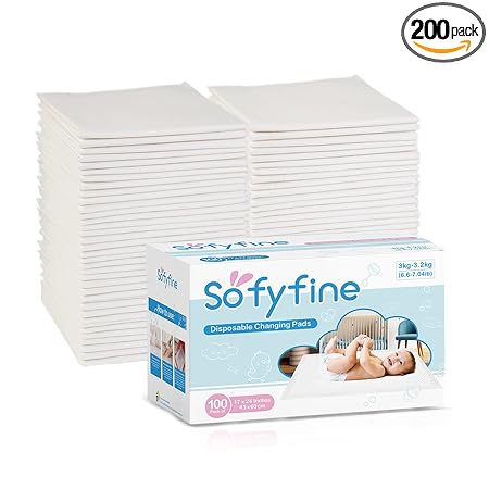 SOFYFINE Large Thicken Baby Disposable Changing Pads 17 x 24 in (200 Count) Ultra Absorbent Newborn Diaper Liners, Leakproof Toddler Pee Pads, Waterproof Table Protector Underpads