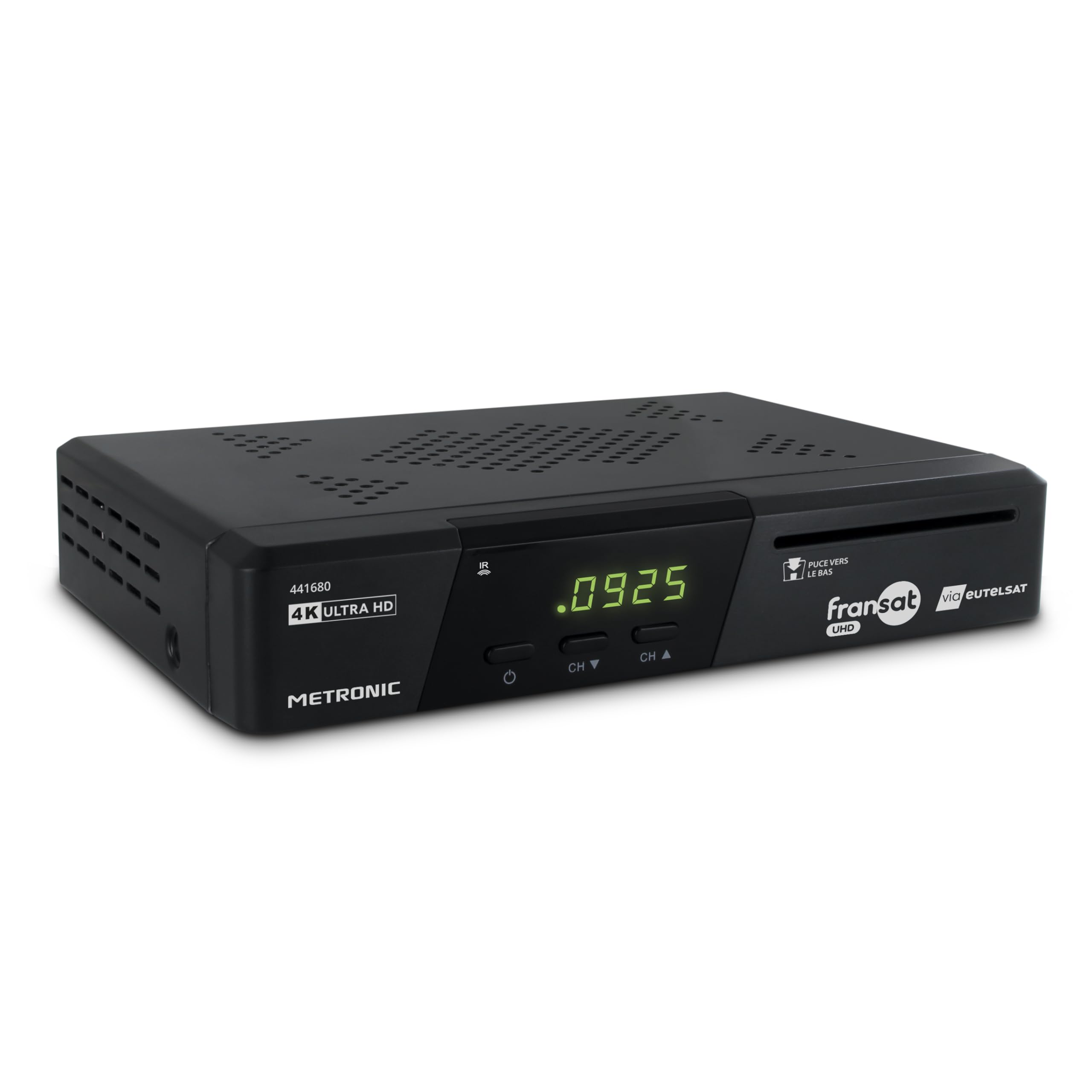 METRONIC 441680 Fransat 4K UHD HDR10 Satélite, Recepción de TDT, Sonido Dolby Atmos, Puerto USB de Doble Potencia, Tarjeta Fransat incluida, Pausa y reproducción de TV (Time Shift)