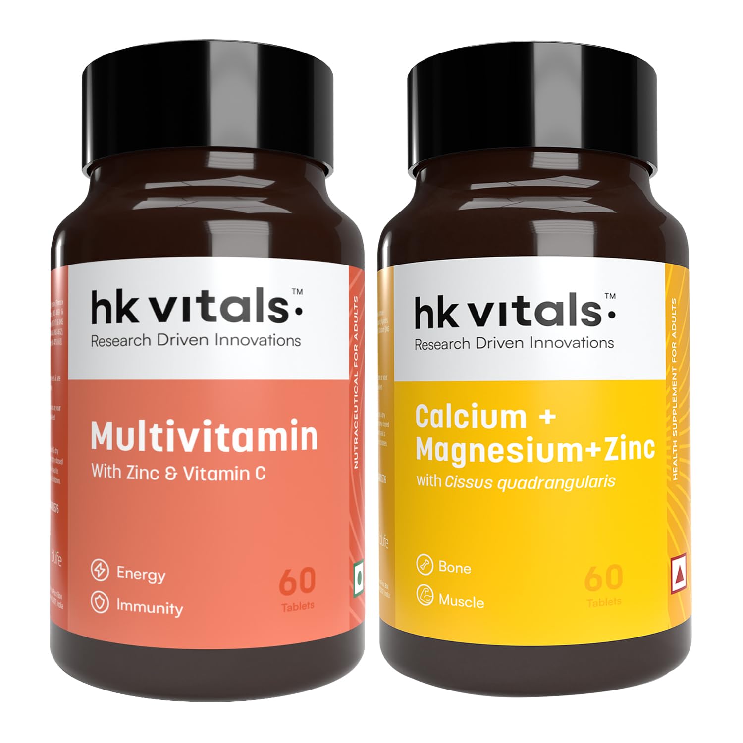 hk vitals Multivitamin & Calcium, Magnesium and Zinc (60 Tablets Each) Combo Pack | For Men and Women | With Vitamin C, Vitamin D3, Multiminerals & Ginseng Extract-image-46