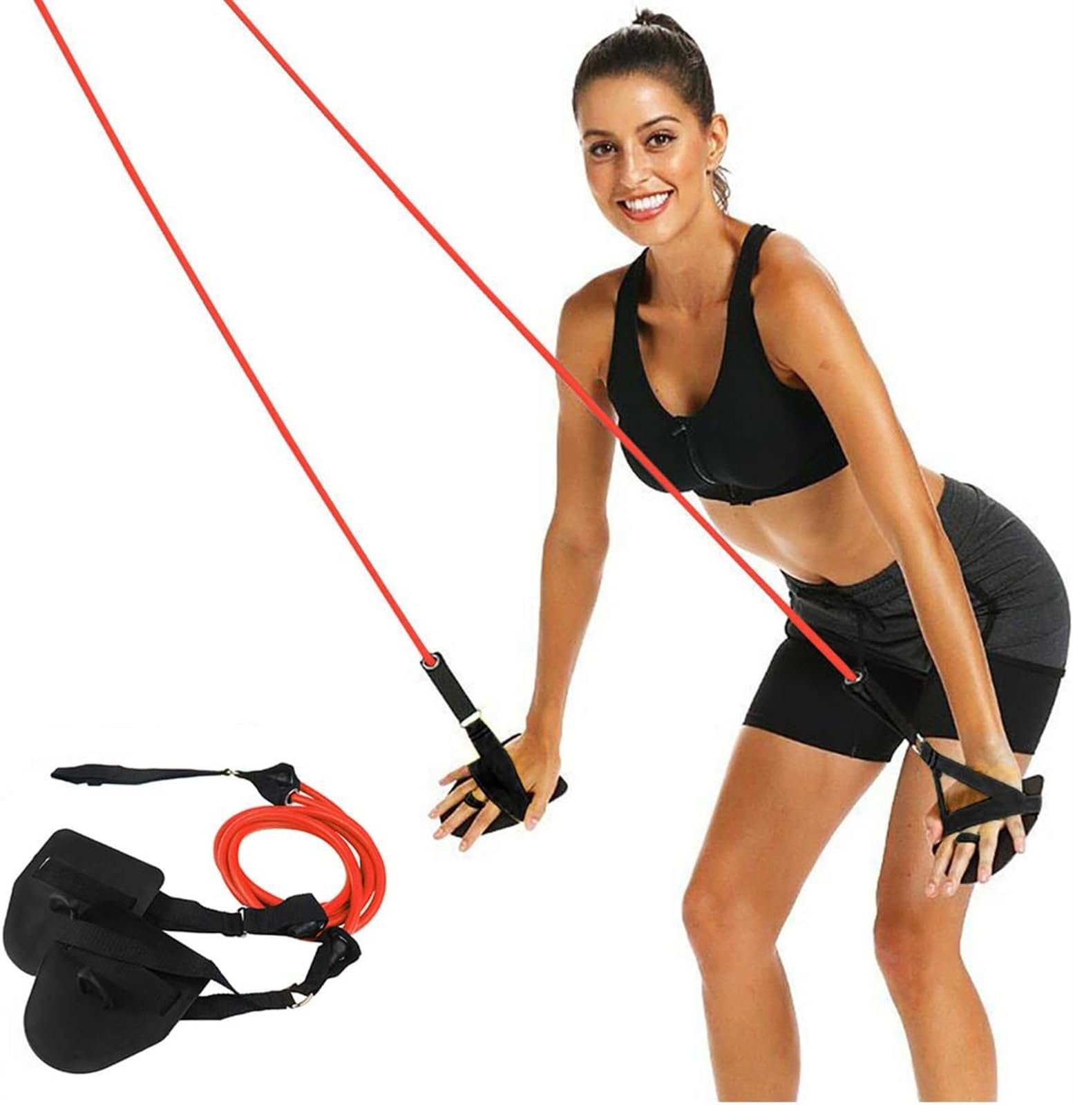 THE WHITE SHOP Swimming Arm Strength Trainer, Swimming Resistance Exercise Bands Set with Swim Paddle Fins, Professional Freestyle Swimming Arm Trainer Elastic Band for Swimming Training (Red)