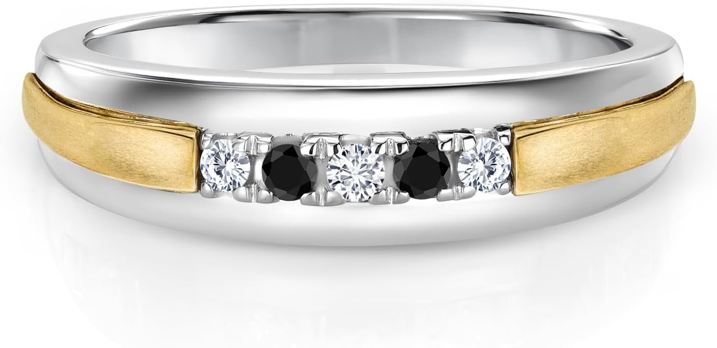 Gem Stone King White Lab Grown Diamond and Black Diamond Satin Finish Wedding Band Ring for Men | 925 Sterling Silver and 10K Yellow Gold | 0.18 Cttw | Available In Size 7, 8, 9, 10, 11, 12, 13