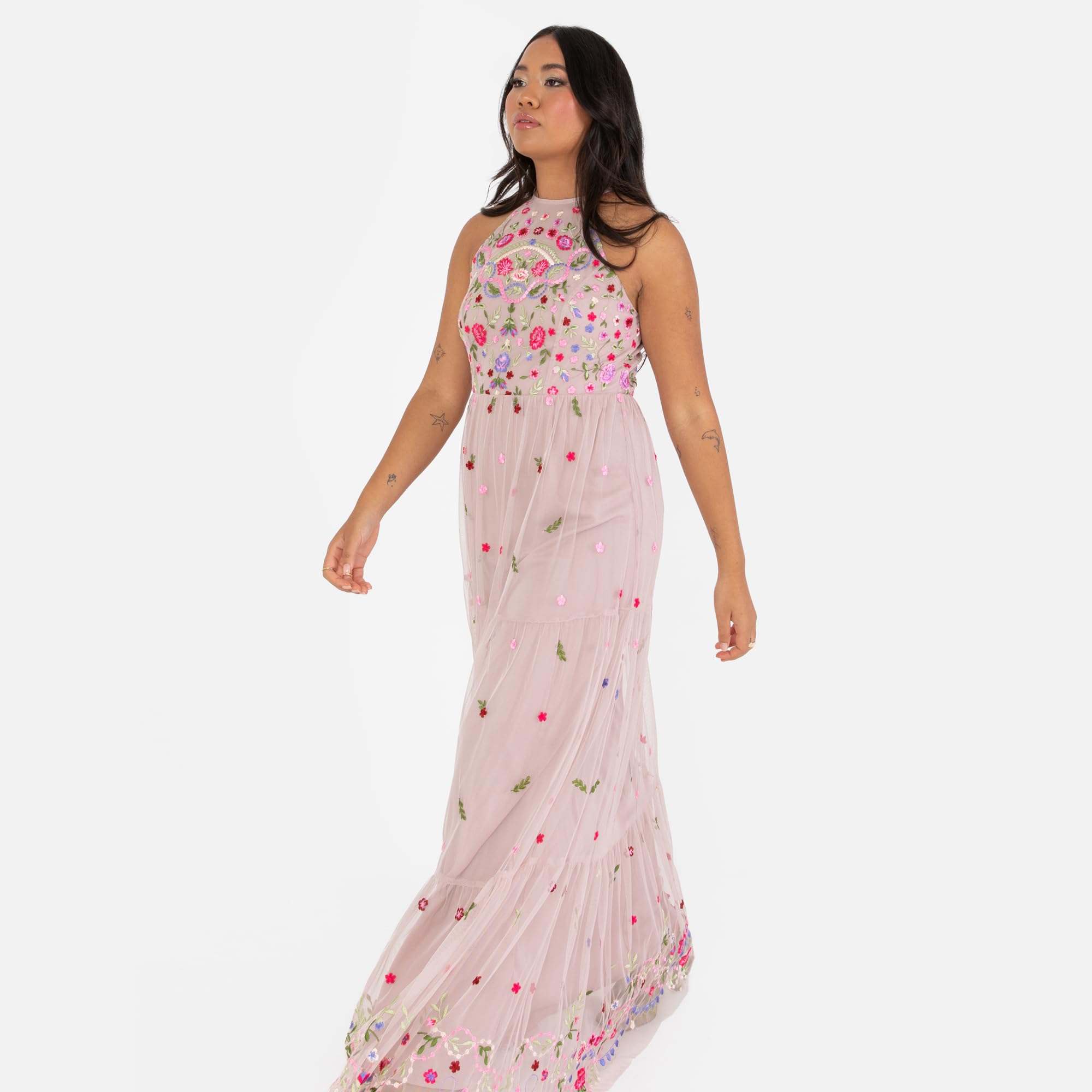 Maya Deluxe Abito Maxi da Donna, Senza Maniche, con Scollo A V, Motivo Floreale, Linea A, per Matrimoni, Feste, Gown NAN