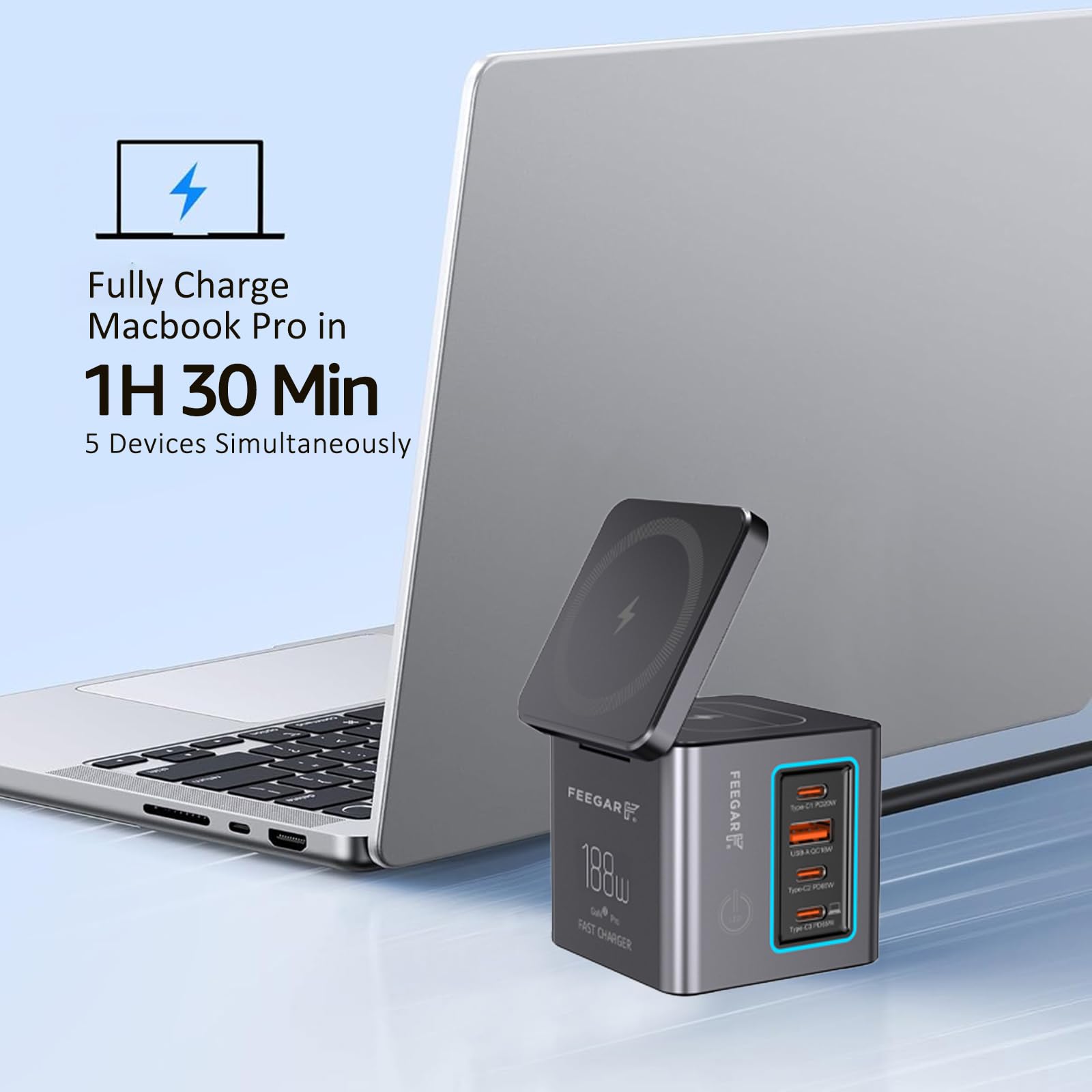 Ładowarka sieciowa USB Feegar Kombo 188W GaN3 Typ-C USB-C PD QC3.0 Indukcja Ładowanie Indukcyjne Pasuje do Samsung, Apple iPhone, Huawei, Xiaomi