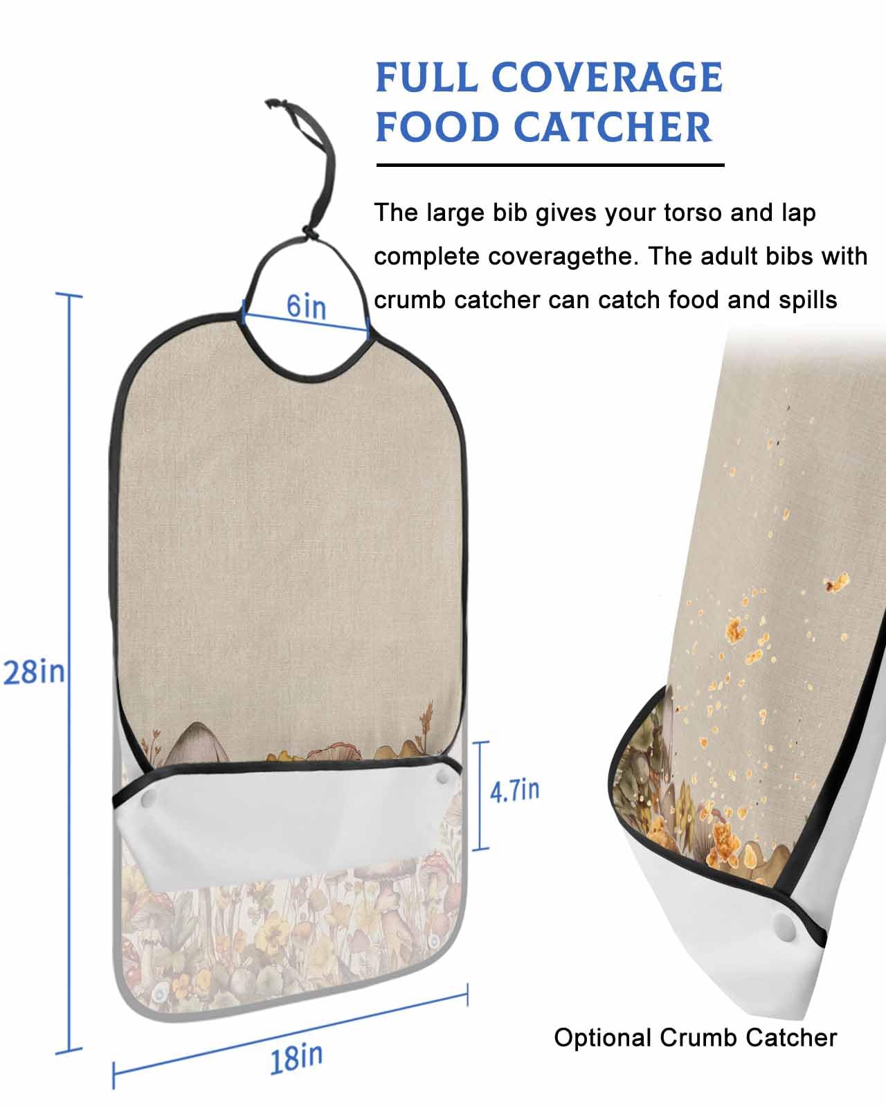 LEOKOTI Mushroom Adult Bibs for Eating, Waterproof Bibs with Food Catcher & Adjustable Snap Closure, Farmhouse Summer Botanical Floral Rustic Washable Clothing Protectors Adult Bibs for Elderly