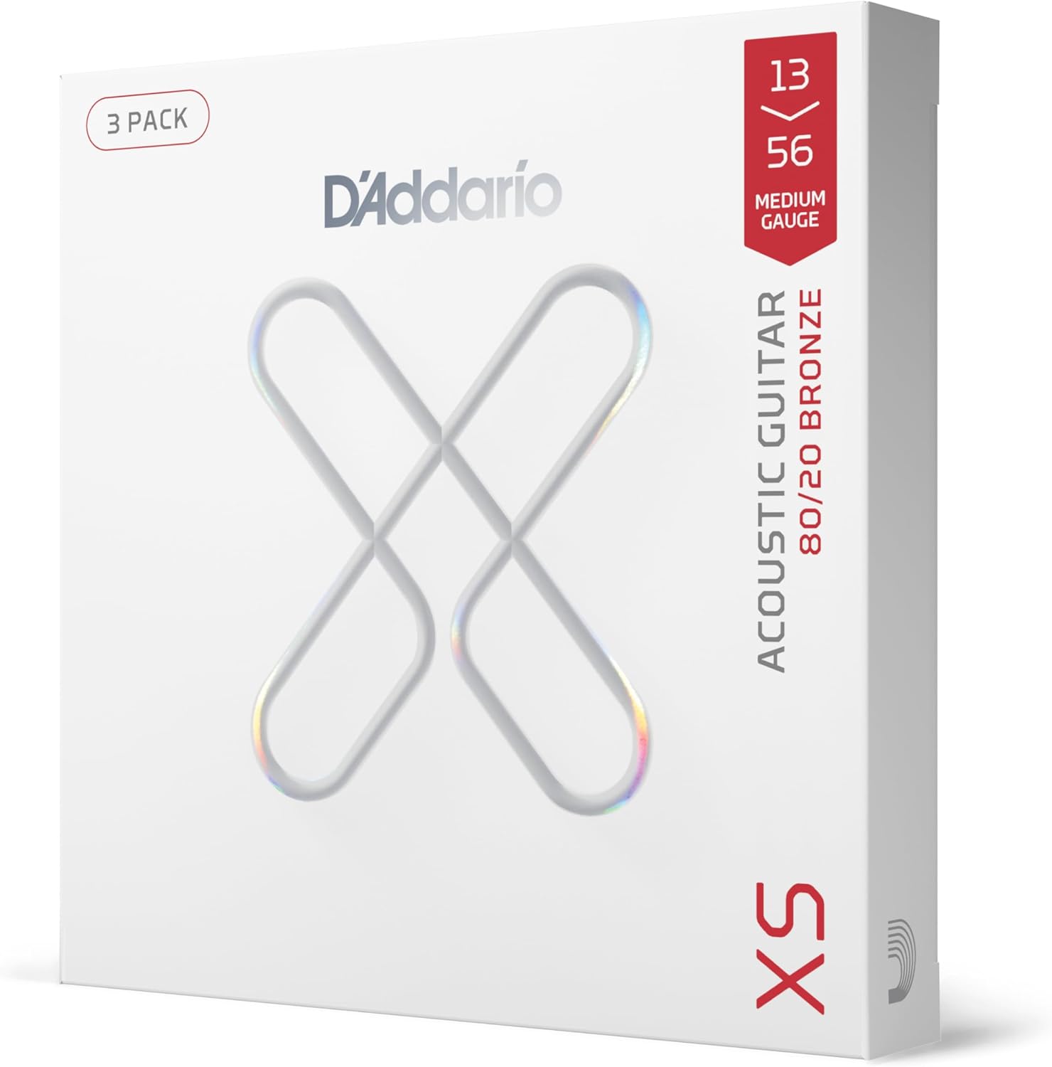 D’Addario Acoustic Guitar Strings, XS 80/20 Bronze Coated, XSABR1356-3P, Medium Gauge 13-56, 6-String Set, Pack of 3