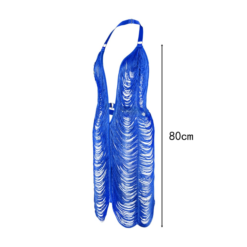 ITODA Robe Moulante en Résille pour Femme Robe Courte sans Manche Dos Nus Lingerie Sexy avec Franges Nuisette Érotique Col V Chemise de Nuit Transparente Tenue Sexy pour Club Soirée Cocktail Festival
