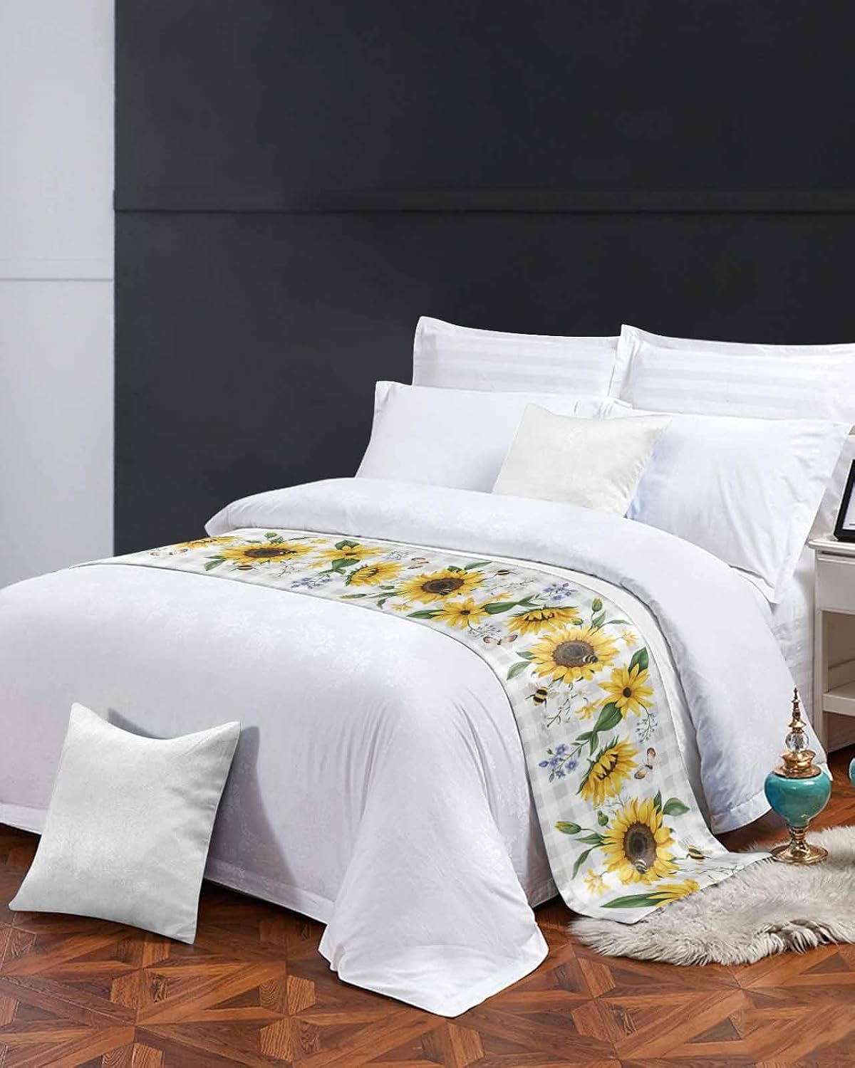 Sunflower Bed Runner Scarf Full Queen Size, Botanical Floral Butterfly Bee Gray White Plaid Luxury Bed Throw Runners & Scarves for Twin Full Queen King Foot of Bed, Bedroom Hotel Decoration, 83"x20"