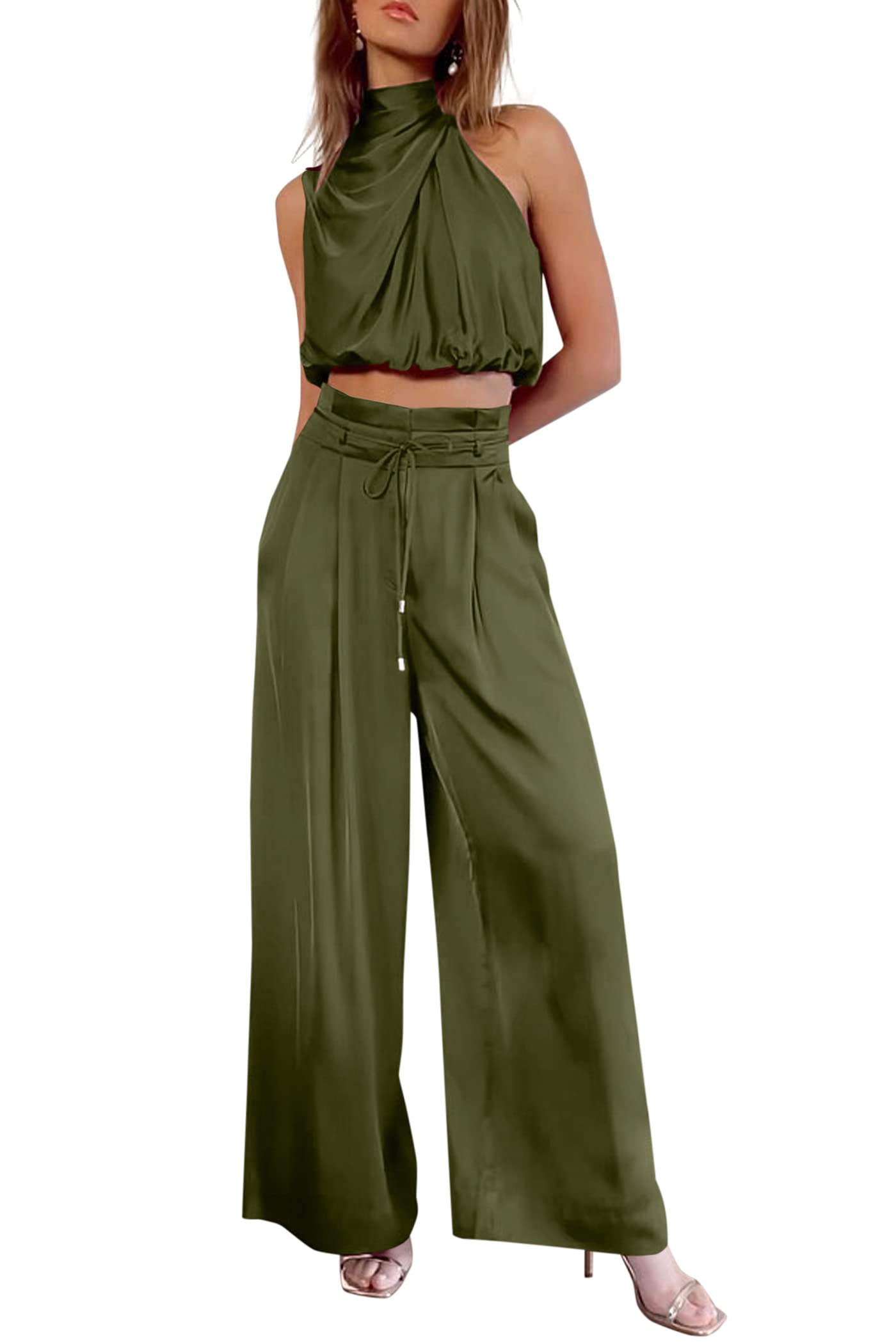 PRETTYGARDENWomen's 2 Piece Outfits 2025 Summer Casual Sleeveless Mock Neck Crop Tops Wide Leg Pants Set