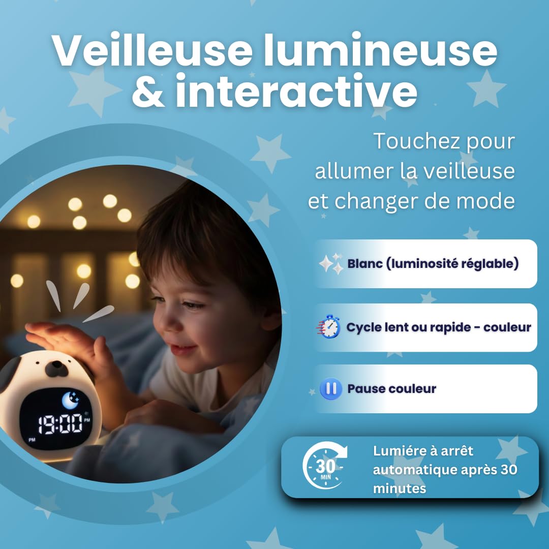 Lernwecker für Kinder, Tag / Nacht – Nachtlicht für Kinder, Musik und Licht, Lernuhr mit entspannender Musik – weißes Geräusch, Dekoration für Babyzimmer, Lichtwecker – 4 NIV Helligkeit (Hund)
