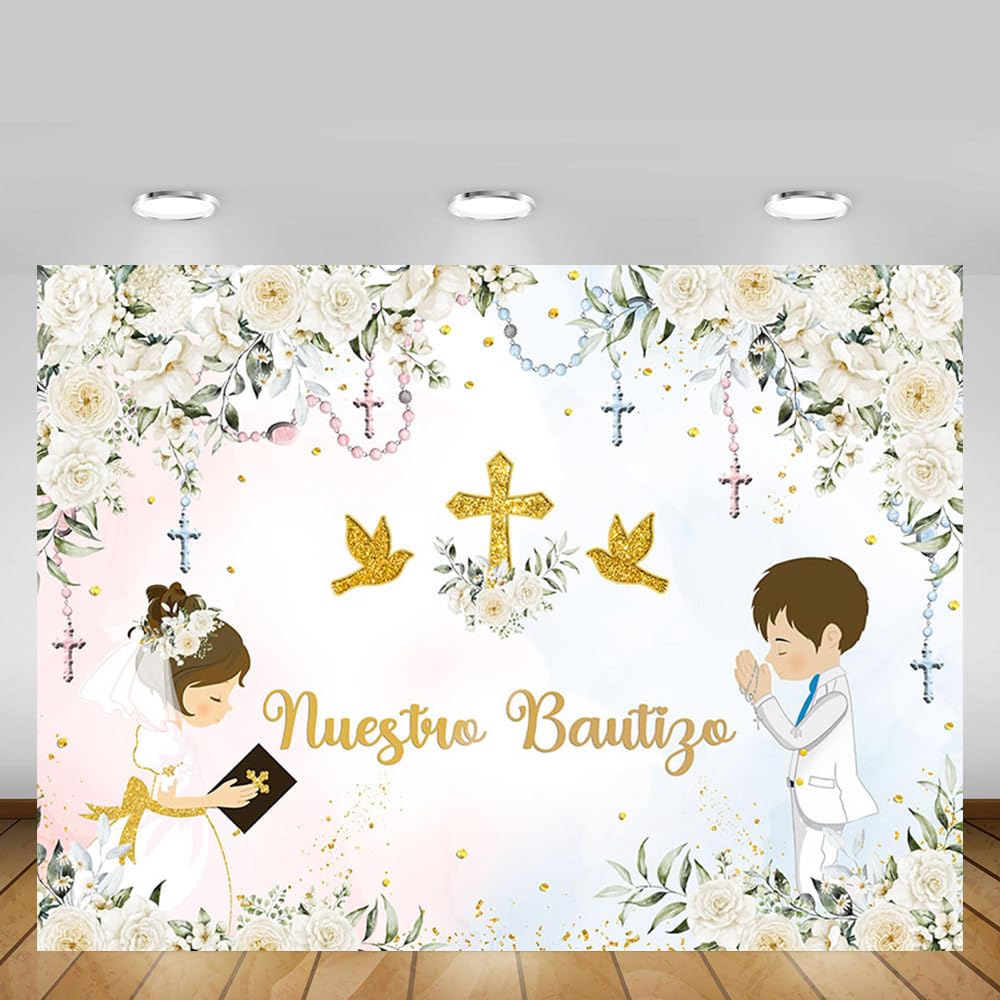 MEHOFOND Floral Nuestro Bautizo Baptism Backdrop for Boy and Girl Siblings First Holy Communion Banner God Bless Christening Party Photography Background Banner Sign Photo Booth Props 7x5ft