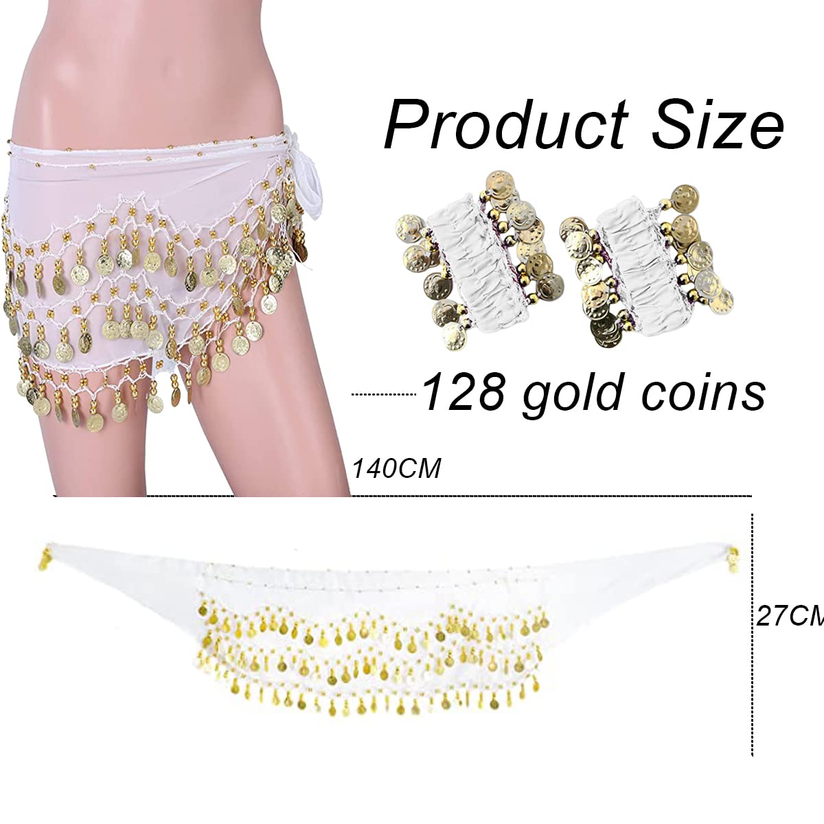 Écharpe à la hanche de danse du ventre avec bracelet, 128 pièces Belly Dance Jirt Wrap Belt avec bracelets de cheville au poignet, Chaîne de taille de ceinture de jupe de danse