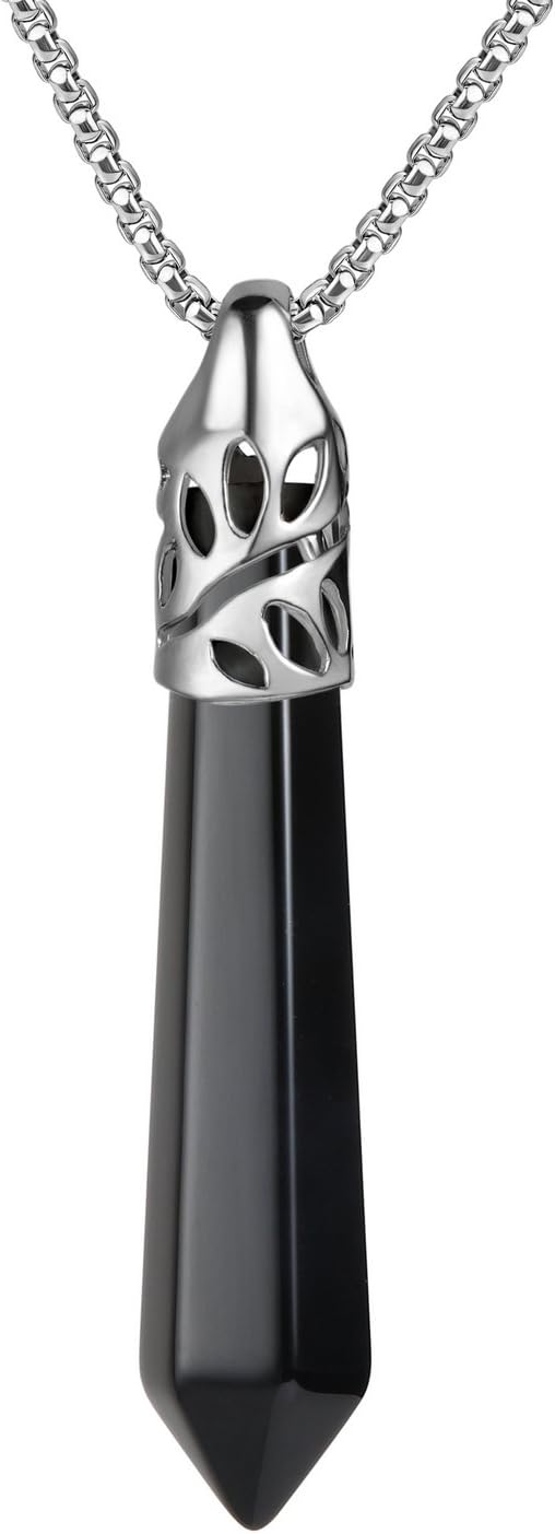 BEADNOVA Healing Crystal Necklace for Women & Men - Black Onyx Crystal Pendant Energy Healing Gemstone Jewelry Pendulum (Hexagonal, 18 Inch Stainless Steel Chain)