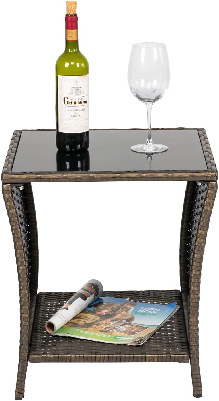 Sangsan Outdoor Patio Rattan Side Table - PE Wicker End Table with Storage Indoor Tempered Glass Top Coffee Table for Garden Balcony Terrace Courtyard