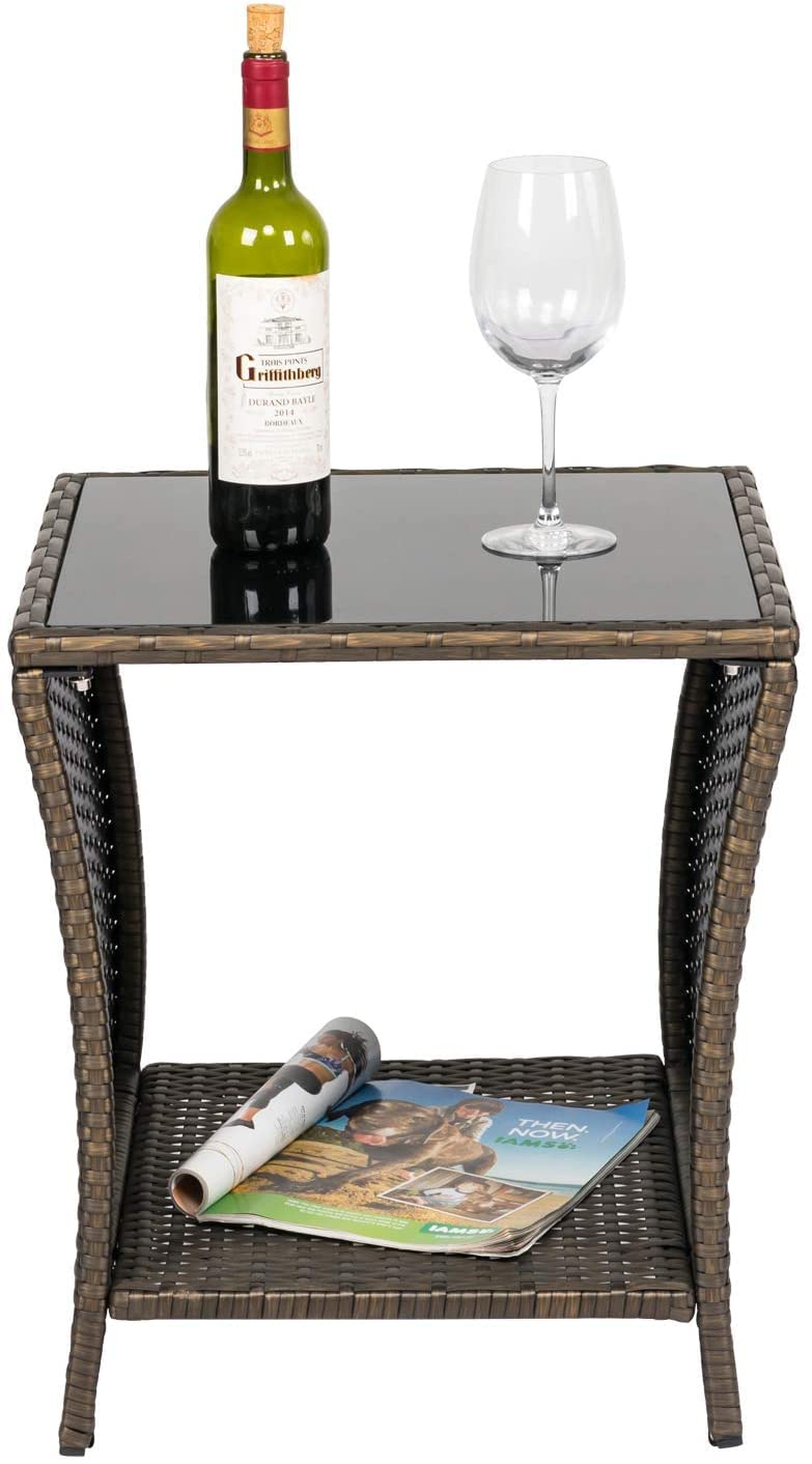 Sangsan Outdoor Patio Rattan Side Table - PE Wicker End Table with Storage Indoor Tempered Glass Top Coffee Table for Garden Balcony Terrace Courtyard