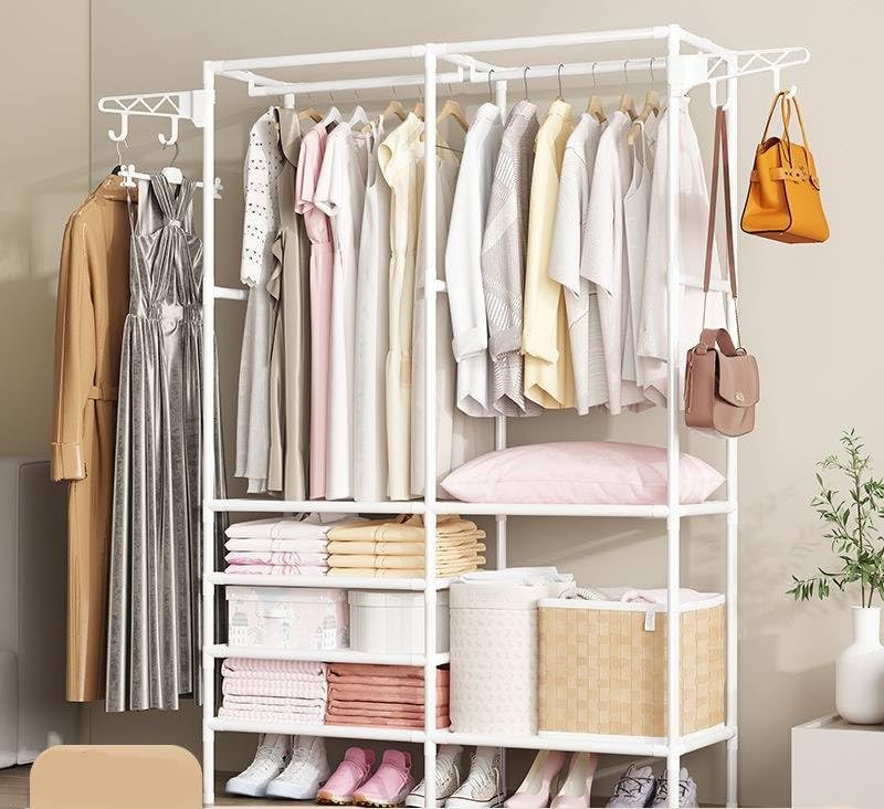多機能 ハンガーラック 洋服ラック マルチファンクション 家庭用収納ラック 簡単組立スチール 大容量-4つのサイズホワイト(ホワイト2列)