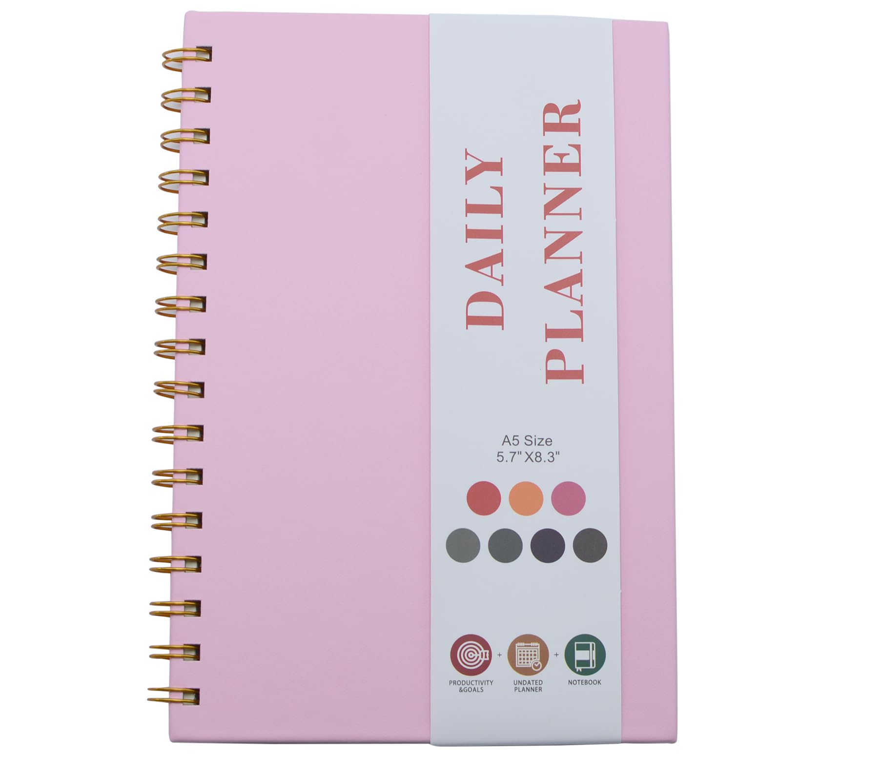 Spiral Planner with Bandage and Inner Pockets, Pink A5 PU Hardcover 70 Sheets/140 Pages to do List for Study and Office
