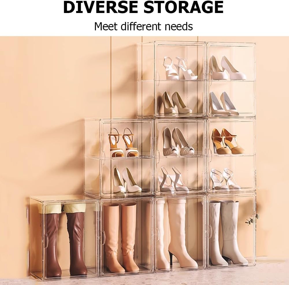 Large Boot Storage Boxes ,Acrylic Display Case ,Clear Sneaker Storage Stackable,Shoe Bin Container, Display Case Box with Lids for Sneaker Purses Handbags Books,2pc