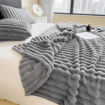 Fleece Throw Blanket for Couch Warm Thick Throw Blanket Fluffy Blanket Plush Microfiber Flannel Blanket with Stripes Design Lightweight for Adults,Woman,Girls Light Gray,40 * 59in