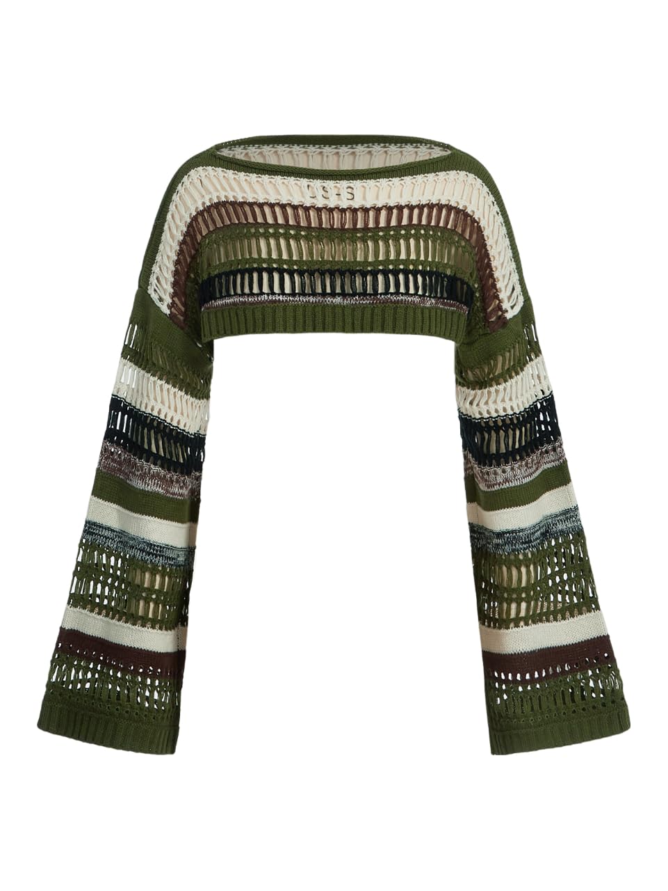 SHENHE Womens Crochet Shrugs Striped Long Bell Sleeve Baggy Knit Sweater Crop Top Fairy Party