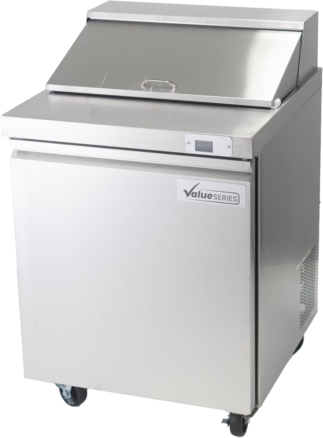 Sisi depan view of the Value Series Commercial Sandwich & Salad Prep Table on casters.