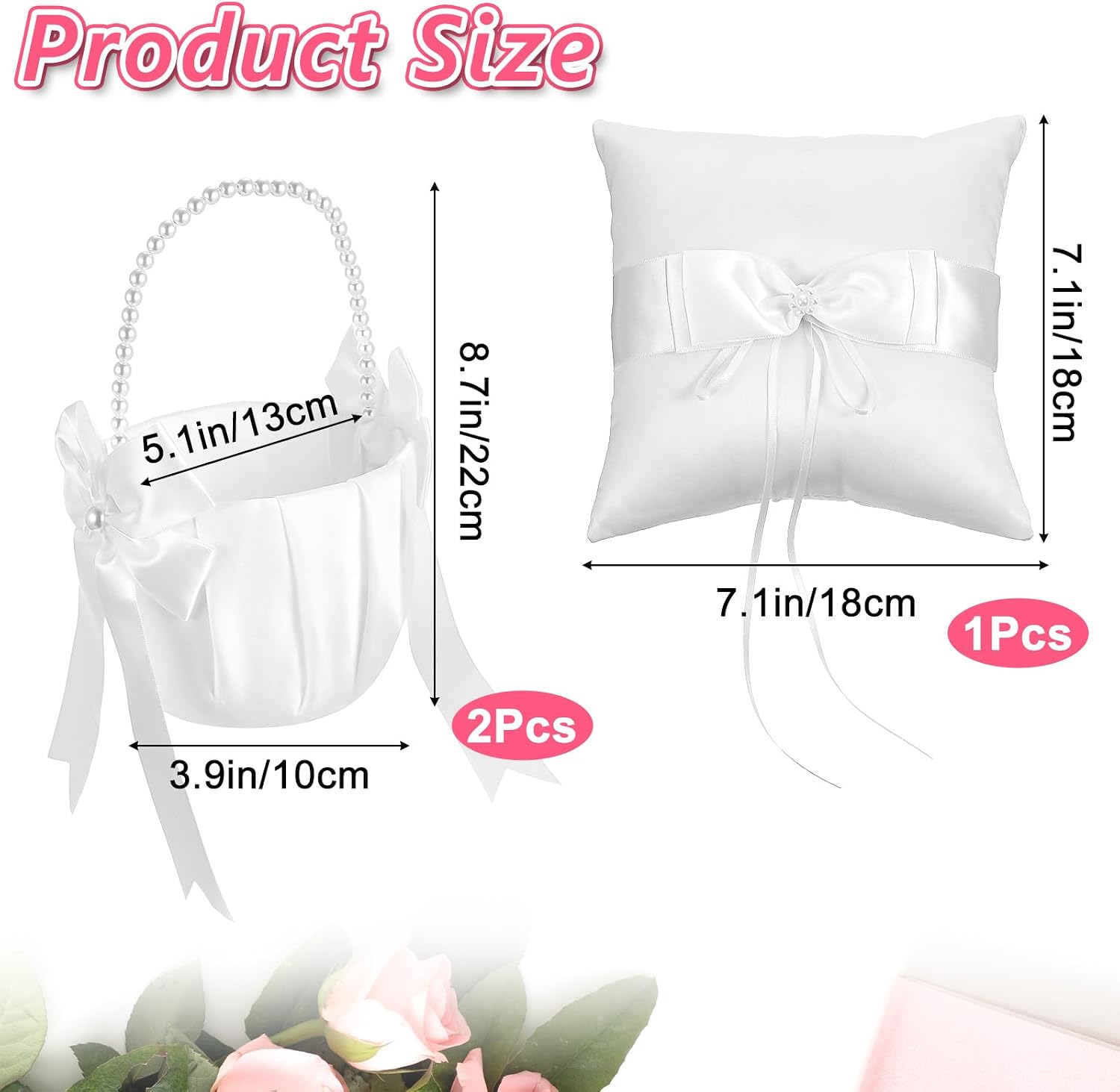 2PCS Flower Girl Baskets and 1PCS Ring Bearer Pillow Set, Flower Girl Basket with Pearl Handle, Ivory Fariy Wedding Baskets for Flowers Girls