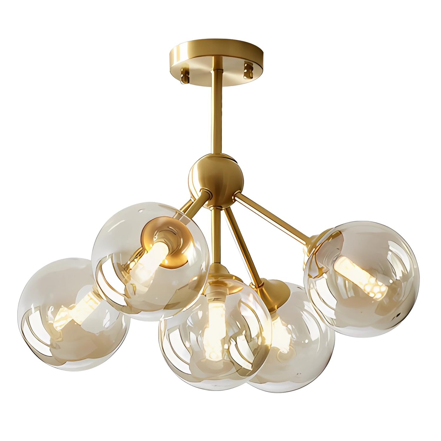 KCO Lighting 5-Light Amber Glass Globe Chandelier Brush Gold Semi