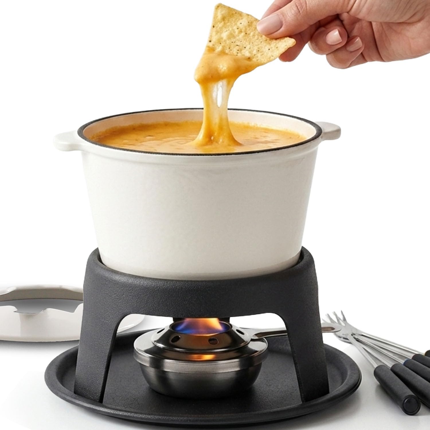 Artestia Cast Iron Fondue Pot Set for Chocolate Cheese Swiss Fondue Set for Meat with 6 Fondue Forks, Cheese Camping Fondue Set Serve 6 Persons(White)