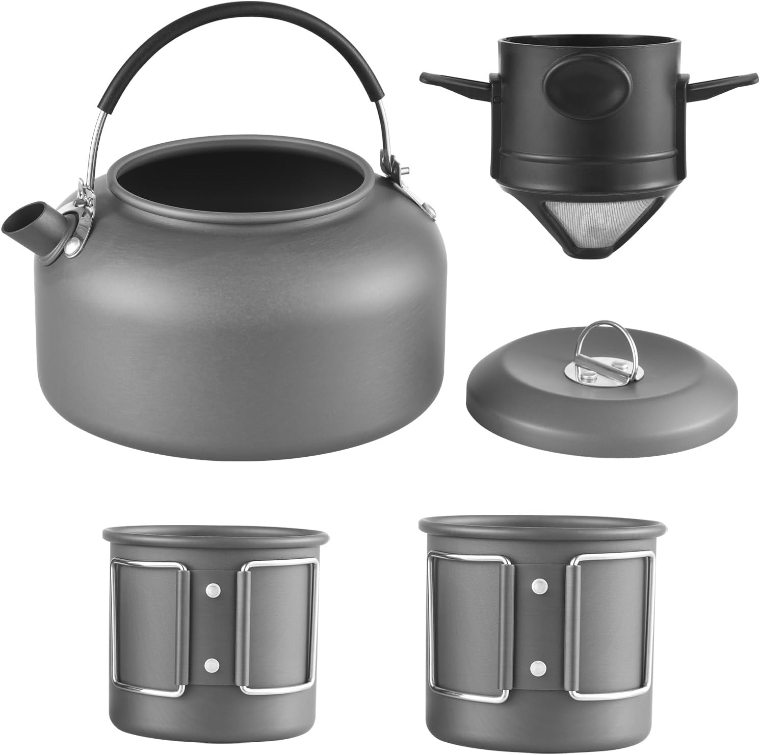 Tea Kettle, Tea Pot for Stove, 1.4L Outdoor Tea Pot with 250ml+450ml Cups and Coffee Filter Portable Stovetop Kettle for Boiling Water Anodized Aluminum Camping Kettle for Backpacking Hiking