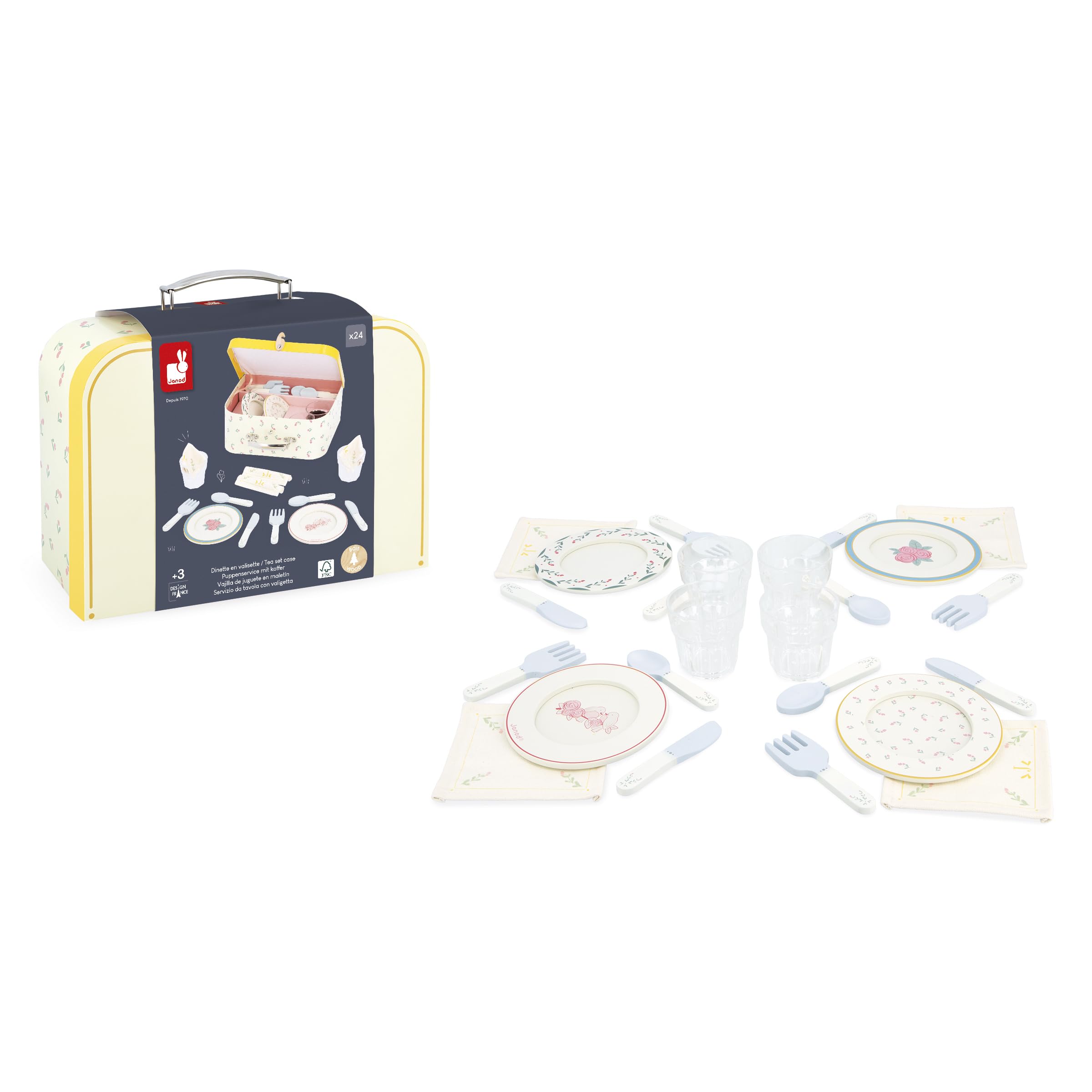 Janod Juego de Comedor de Madera - Kit de Picnic Infantil - para 4 Personas - 25 Piezas - Juego de Cartón - óptimo Accesorios de Cocina Infantil - Desarrolla la Imaginación - A Partir de 3 años