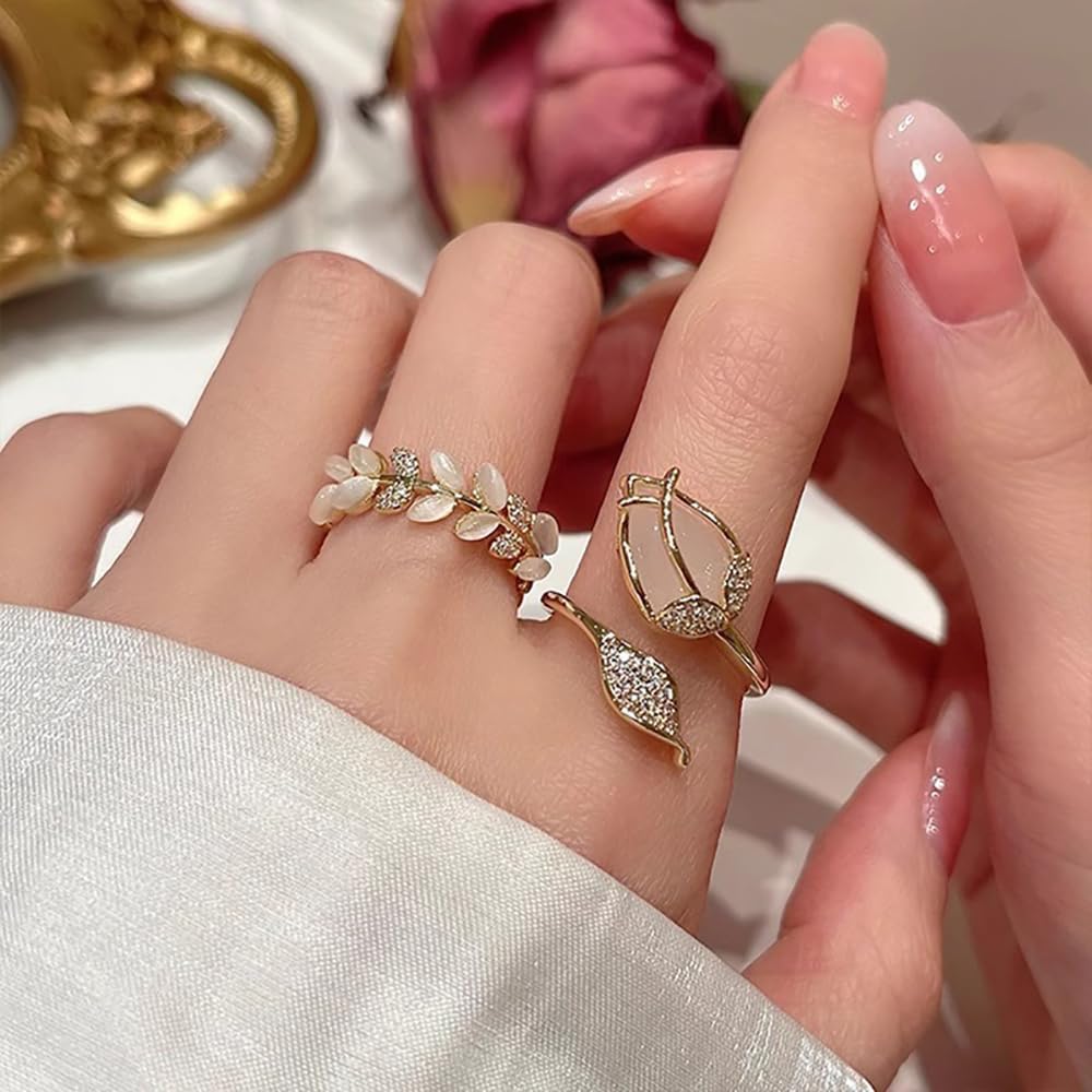 Kokoma CZ Tulip Ring for Women Crystal Flower Wrap Finger Band Open Statement Promise Rings Engagement Band Adjustable - Image 3
