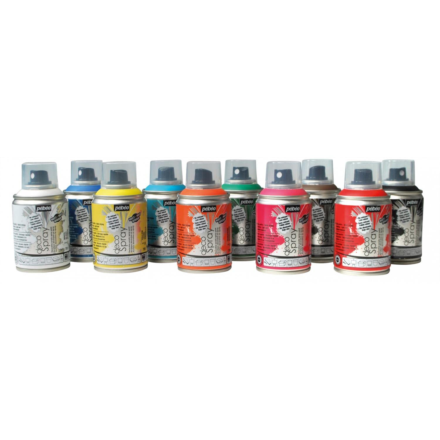 Pébéo - decoSpray - Peinture Acrylique en Spray - Pour la Décoration Multi Supports en Intérieur et Extérieur - Base Eau, Faible Odeur - 100 ml - Assortiment de 10 Sprays