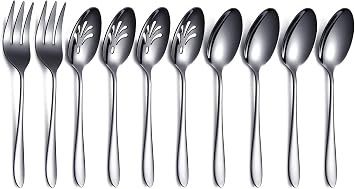 HOMQUEN Black 10-Piece Serving Flatware Silverware Set,Stainless Steel Serving Utensil Set,Include Slotted Serving Spoon, Serving Spoon, Serving Fork