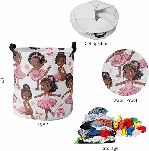 Miniatura 5 de Cesta de lavandería africana negra para bailar ballet, impermeable, plegable, falda rosa, lazo de estrella, bolsa de almacenamiento grande para