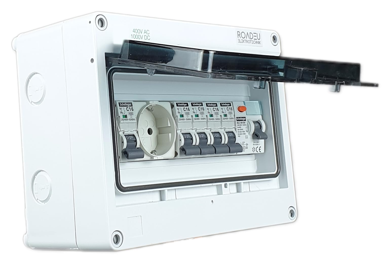 RoadEu Quadro elettrico IP65 con differenziale 5x C16A e Schuko | Differenziale TÜV, magnetotermici VDE, morsetti N+PE, pressacavo PG16, custodia IK08