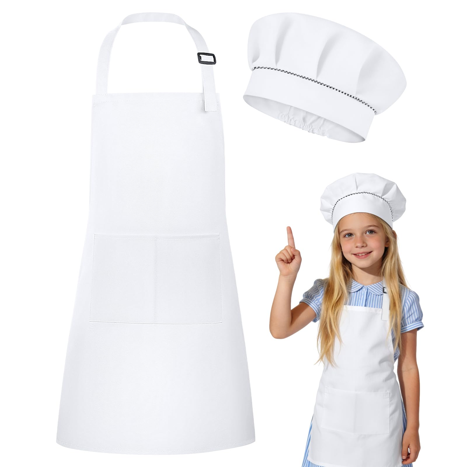 DiULi Kids Apron and Chef Hat Set, Adjustable Neck Strap & Double Pocket, White Cooking Aprons for Children Cooking Baking and Art Activities, Sizes L โ image 1