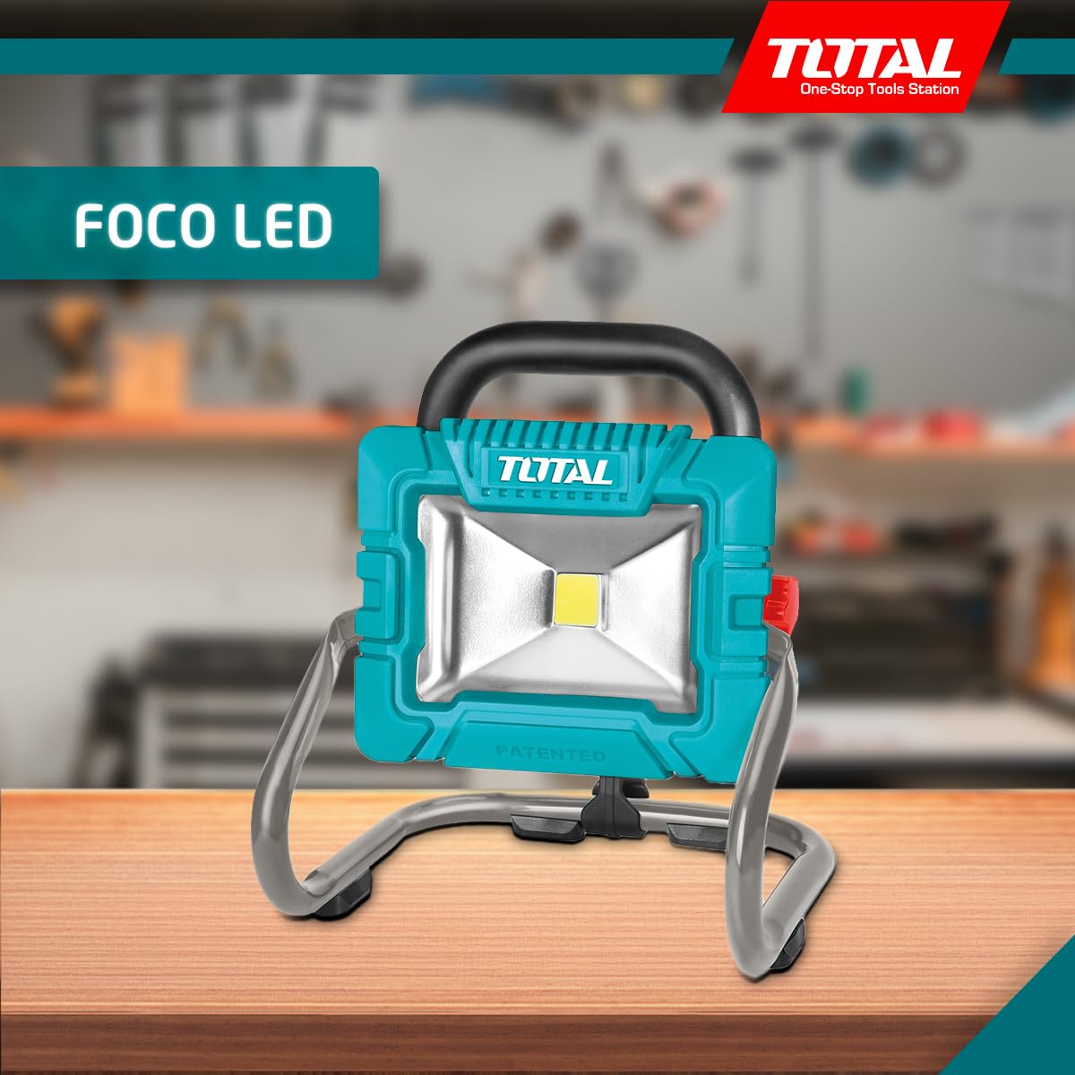 Total - Foco LED a Batería 20V - Iluminación Potente y Regulable para Exteriores, Jardines, Obras y Campamentos - Incluye Batería de 2Ah y Cargador - 900-1800 Lúmenes - Medidas: 63 x 23 x 3 cm