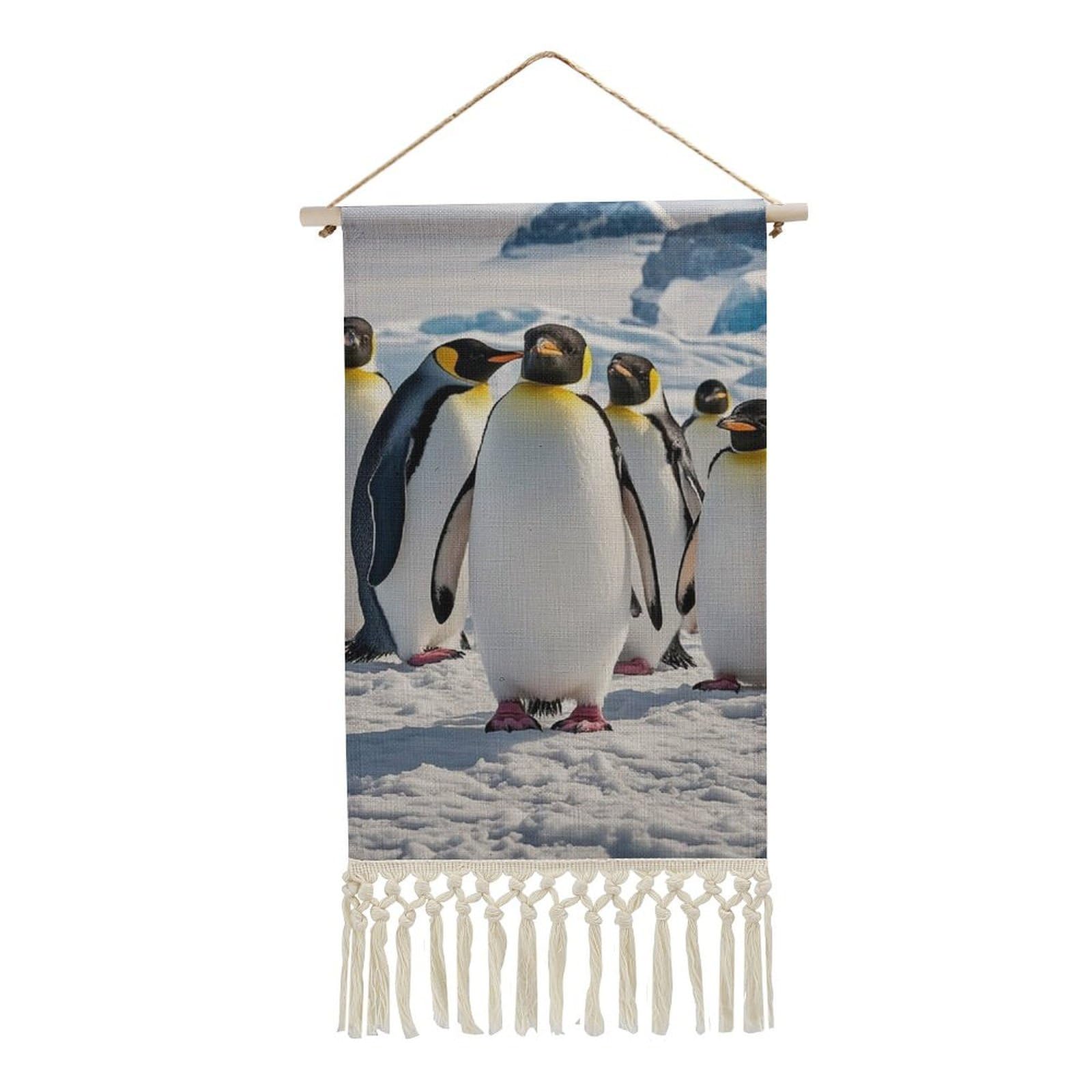 FekiLoot Cute Penguin Wall Art Poster Hanger Frame Vertical Tassel Tapestry Cotton Linen Hanging Poster Decorative Wall Art Prints Vintage Wall Art Decor for Home Bedroom Living Room Office