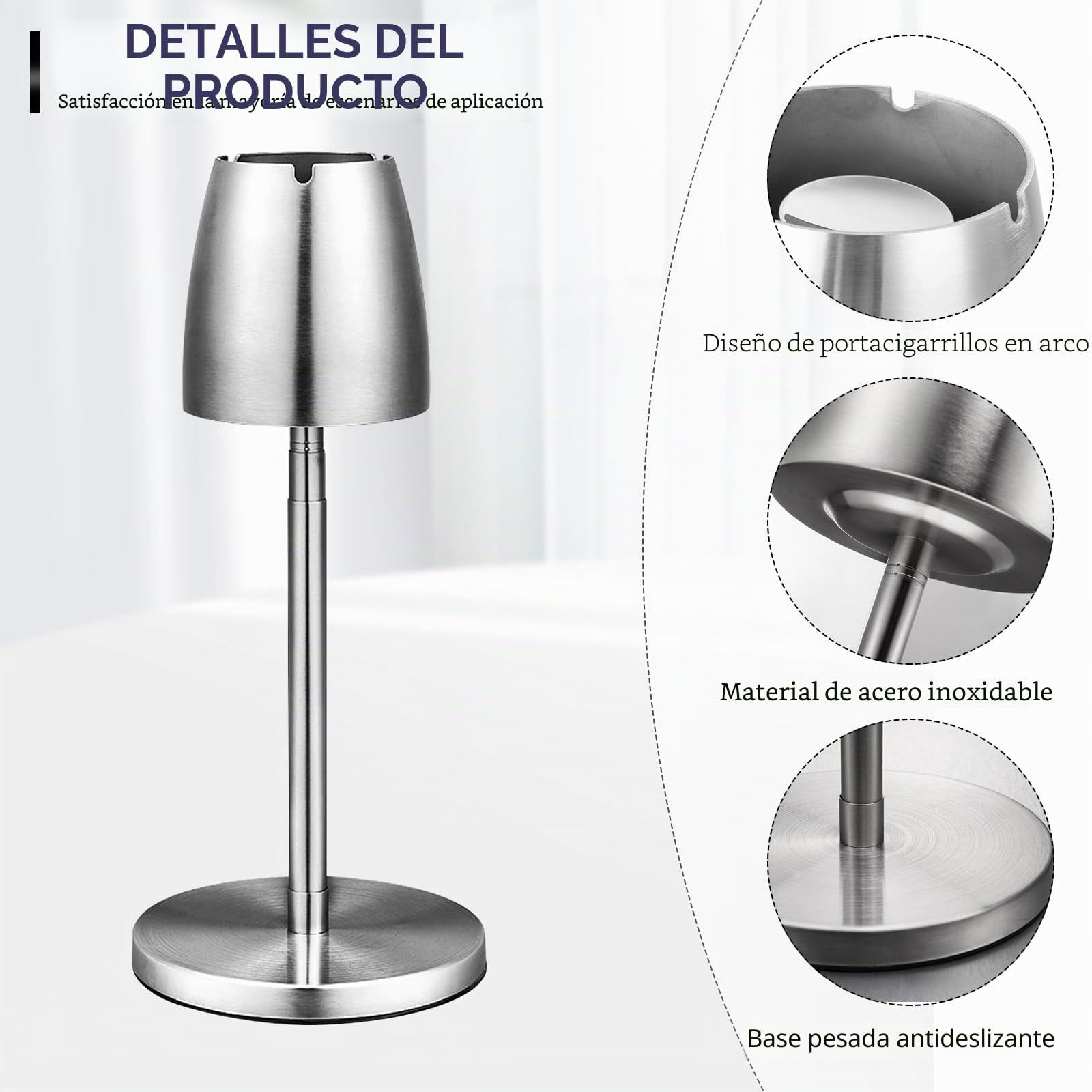 Cendrier de sol ajustable de acero inoxidable: WIYETY Cendrier de sol para exterior, altura extensible de 34 a 68 cm, cenicero de suelo ajustable con tapa y base antideslizante, plateado