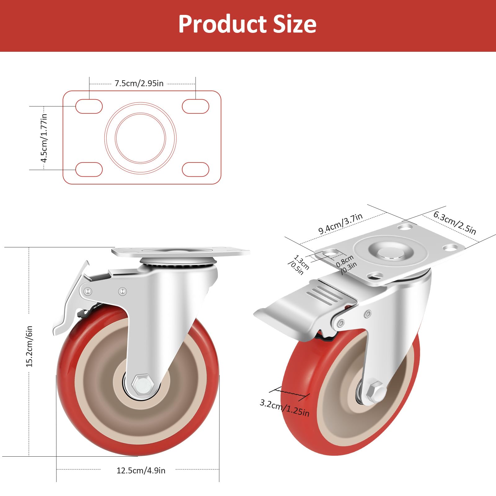 4-Pack Heavy Duty Swivel Caster Wheels With Dual Locking - 350 Lbs Capacity Each, Rubber Tires 125mm