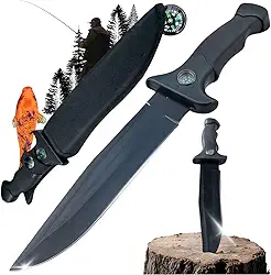Faca Militar Tática com Suporte de Cintura e Design Compacto - Lâmina Serrilhada de Aço Reforçado, Bússola Integrada, Ponta Quebra-Vidro, Cabo Emborrachado Ergonômico, Ideal para Camping e Sobrevivência