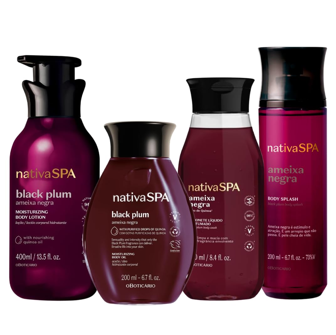 O Boticário Nativa SPA Prugna Nera Set Regalo Cura della Pelle con 4 Prodotti | Crema Idratante Corpo 400ml, Olio Corpo Profumato 200ml, Gel Doccia e Bagno 200g e Bruma Corpo 200ml