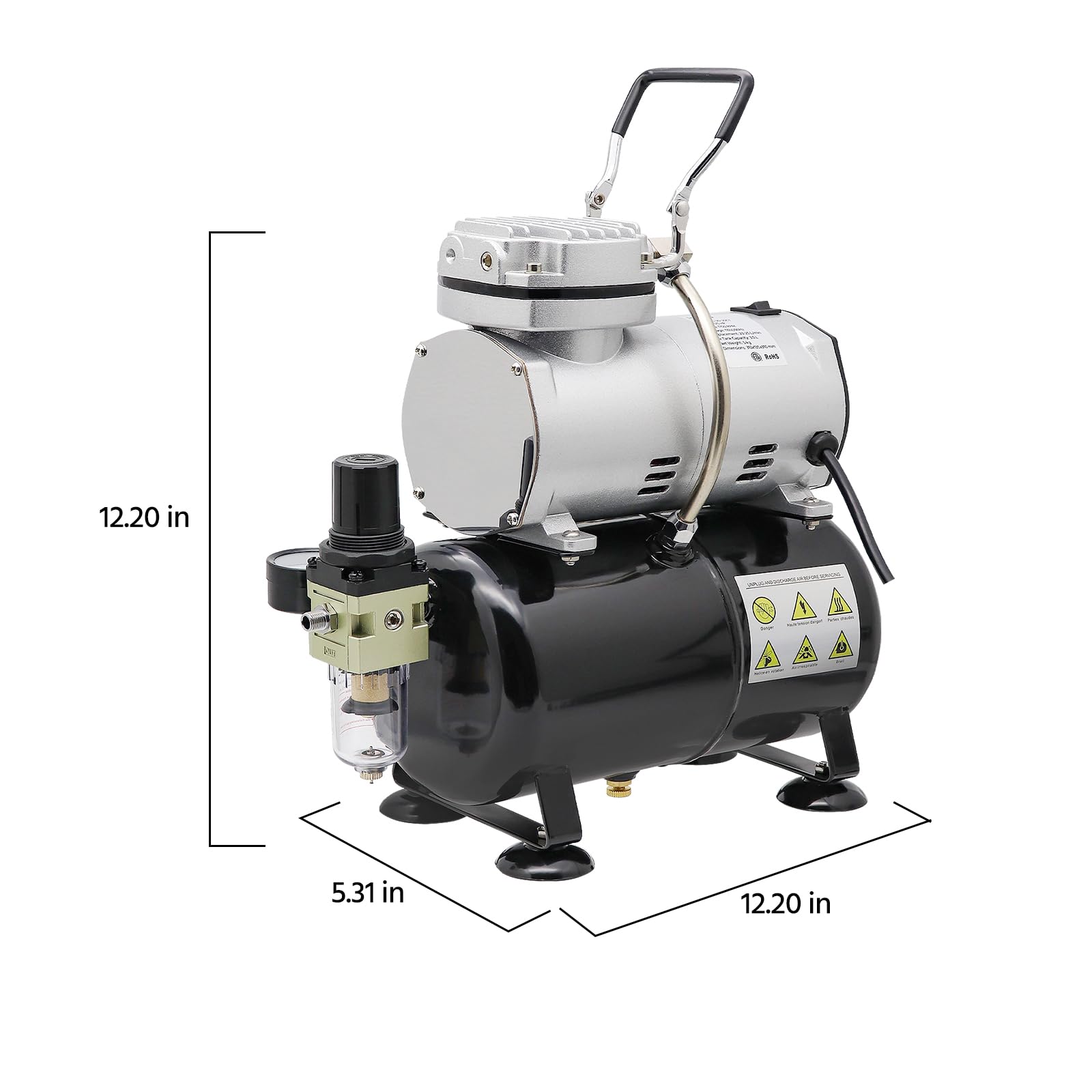Compressore Airbrush Free – Mini compressore professionale a pistone singolo con serbatoio da 3 litri, regolatore e sifone per hobby, pittura, decorazione torte, tatuaggi, grafiche