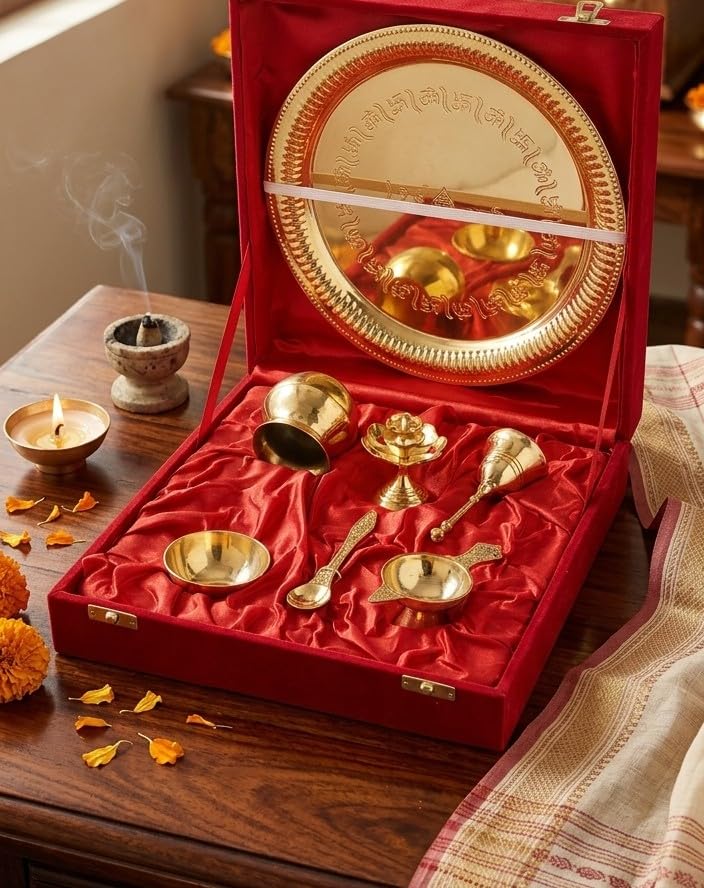 Brass Pooja Thali Set - 7 Piece Gift Box -1
