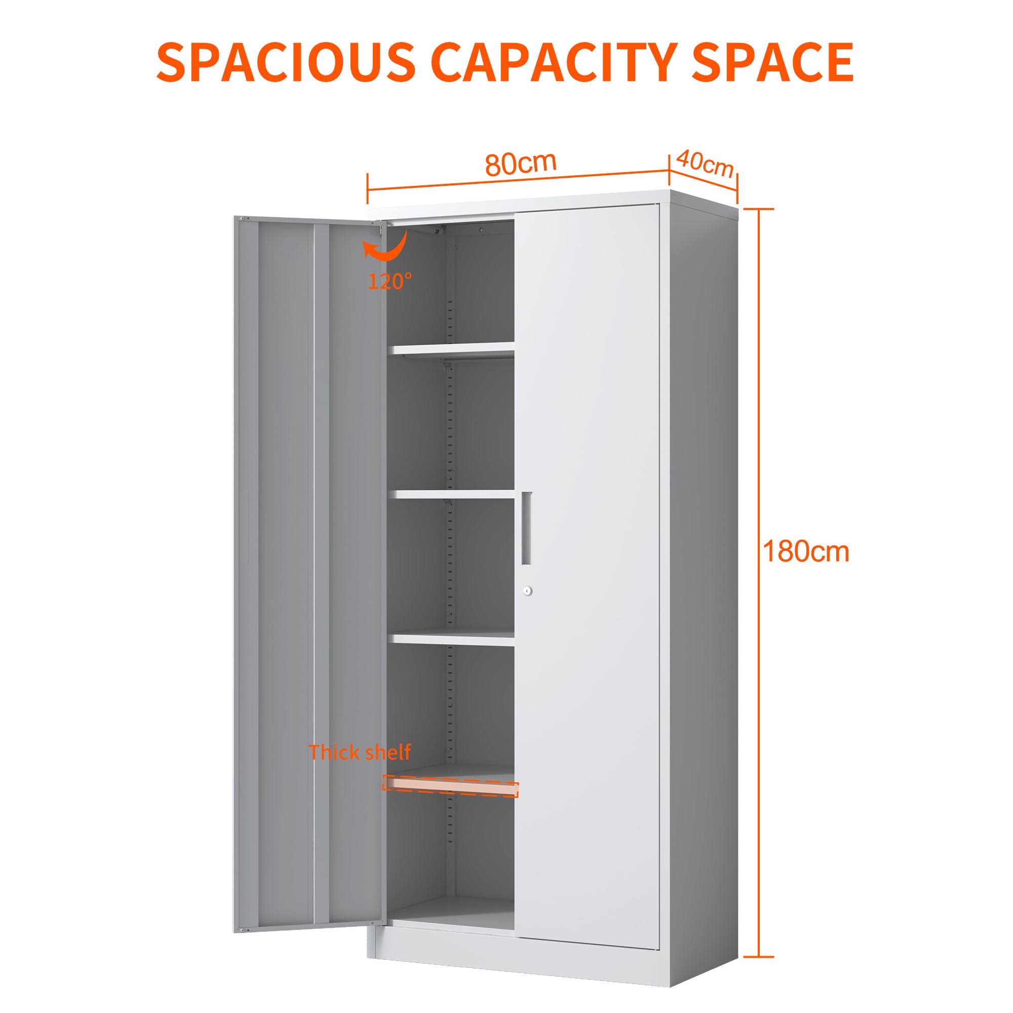 IKIMI Metallschrank mit 2 Türen und 4 Verstellbare Einlegeböden,180x80x40cm Mehrzweckschrank mit Schloss,5 Ebenen Aktenschrank,Stahl-Aufbewahrungsschran Weiß Werkzeugschrank für Garage Büro,Wohnzimmer