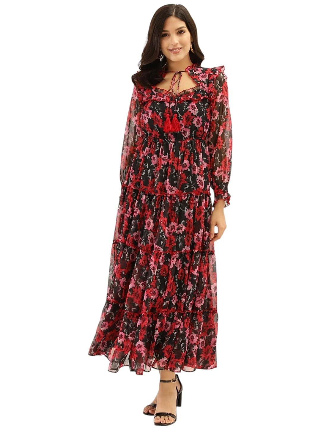 Litzo Women's Georgette A-Line Maxi Dress (L-57-S_Red